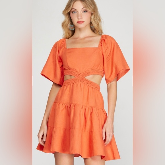 She + Sky flitter half sleeve linen tiered dress with open waist SZ MED - Picture 1 of 6